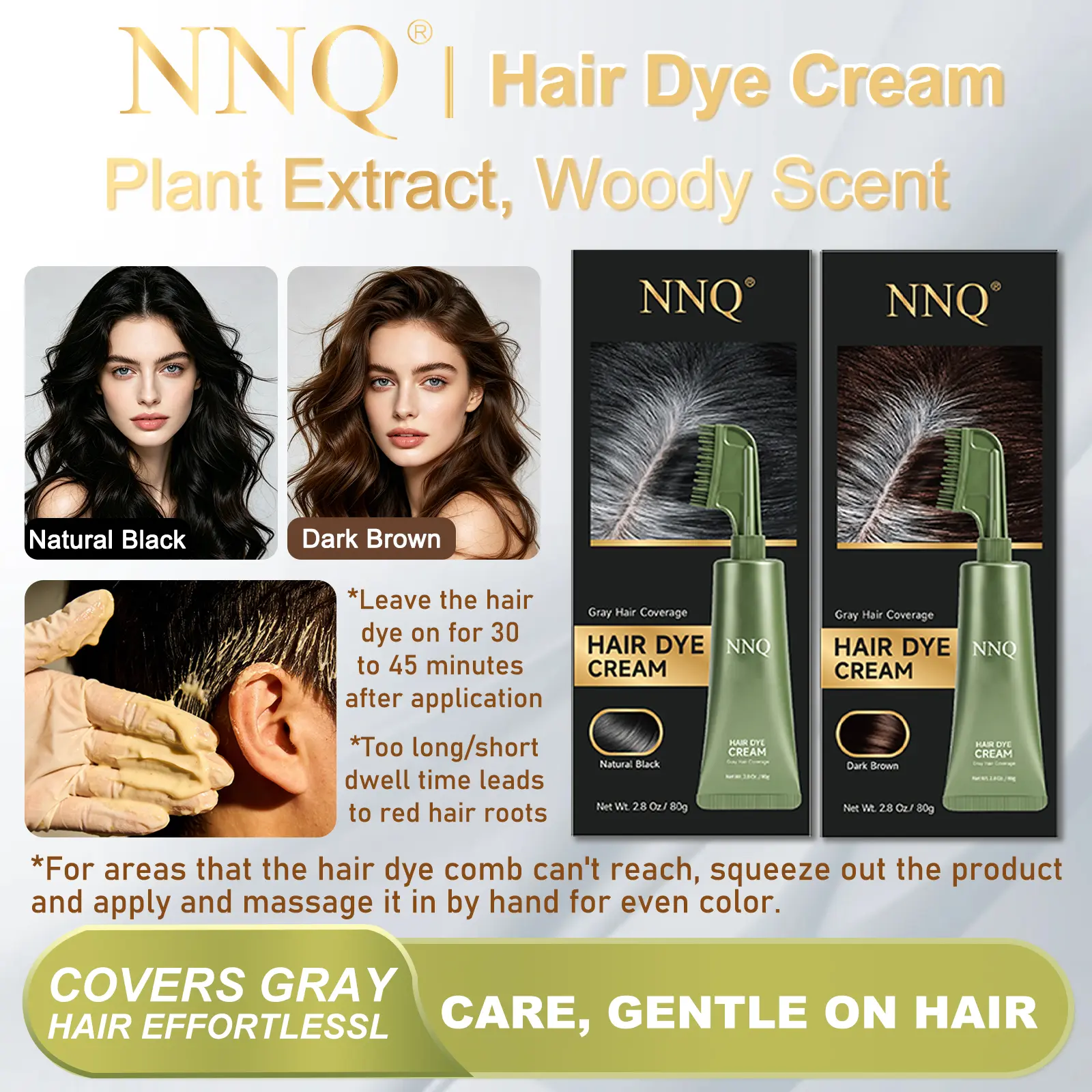 NNQ Hair Dye Comb / Hair Dye Cream — Portable Home Use & Hyaluronic Acid, 100% Gray Hair Coverage, Black & Brown Available, 1 Box with Hair Dye Tools
