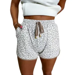 Women's Plain White Leopard Print Casual Shorts, Elastic Waistband, Lace-Up, Contrast Trim, 95% Polyester 5% Elastane, Stylish Overall Fit Bottoms