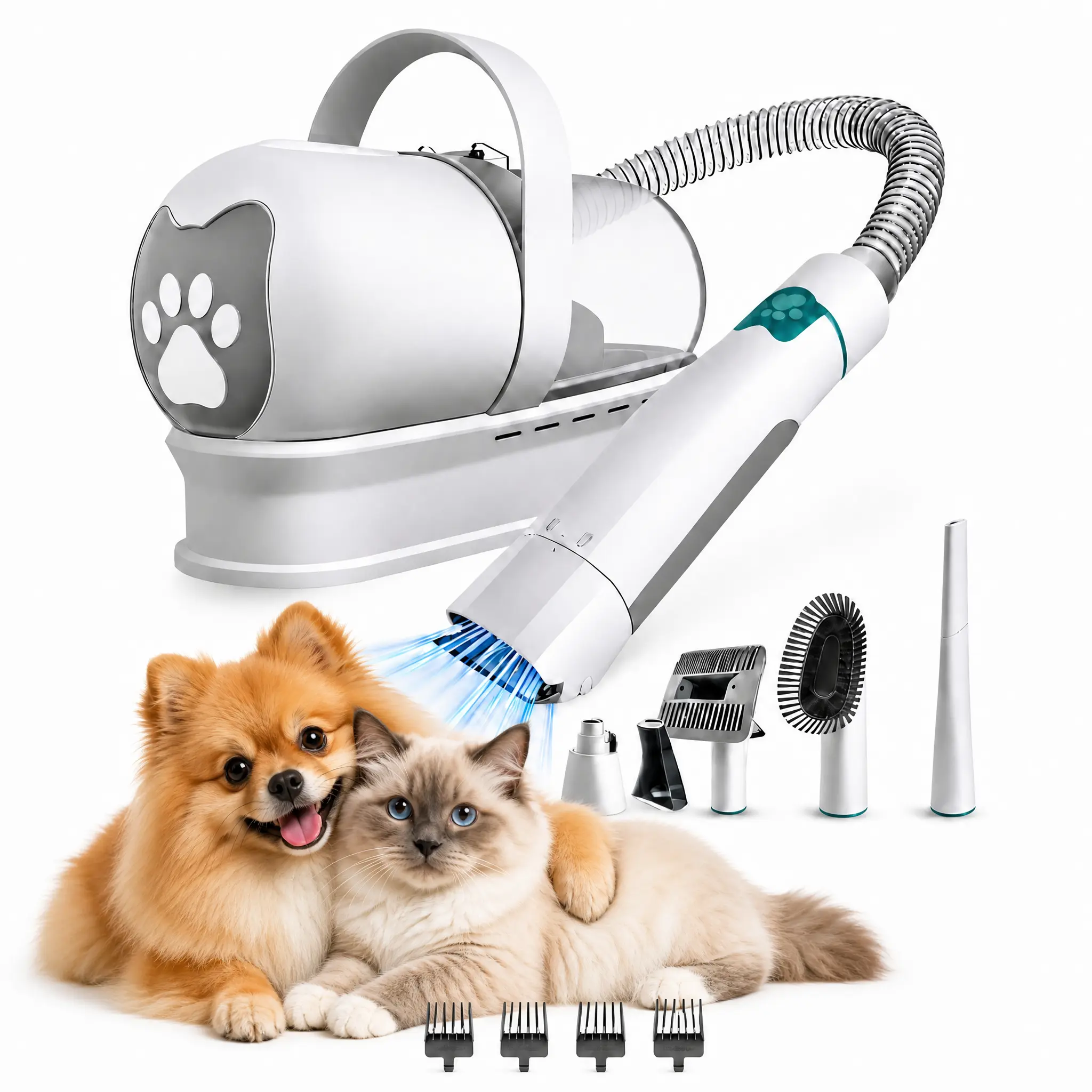 Pet Grooming Vacuum Kit, 7-in-1 Dog Trimmer Set with Paw Tool, Nail Polisher, Crevice Nozzle & 6 Guard Combs