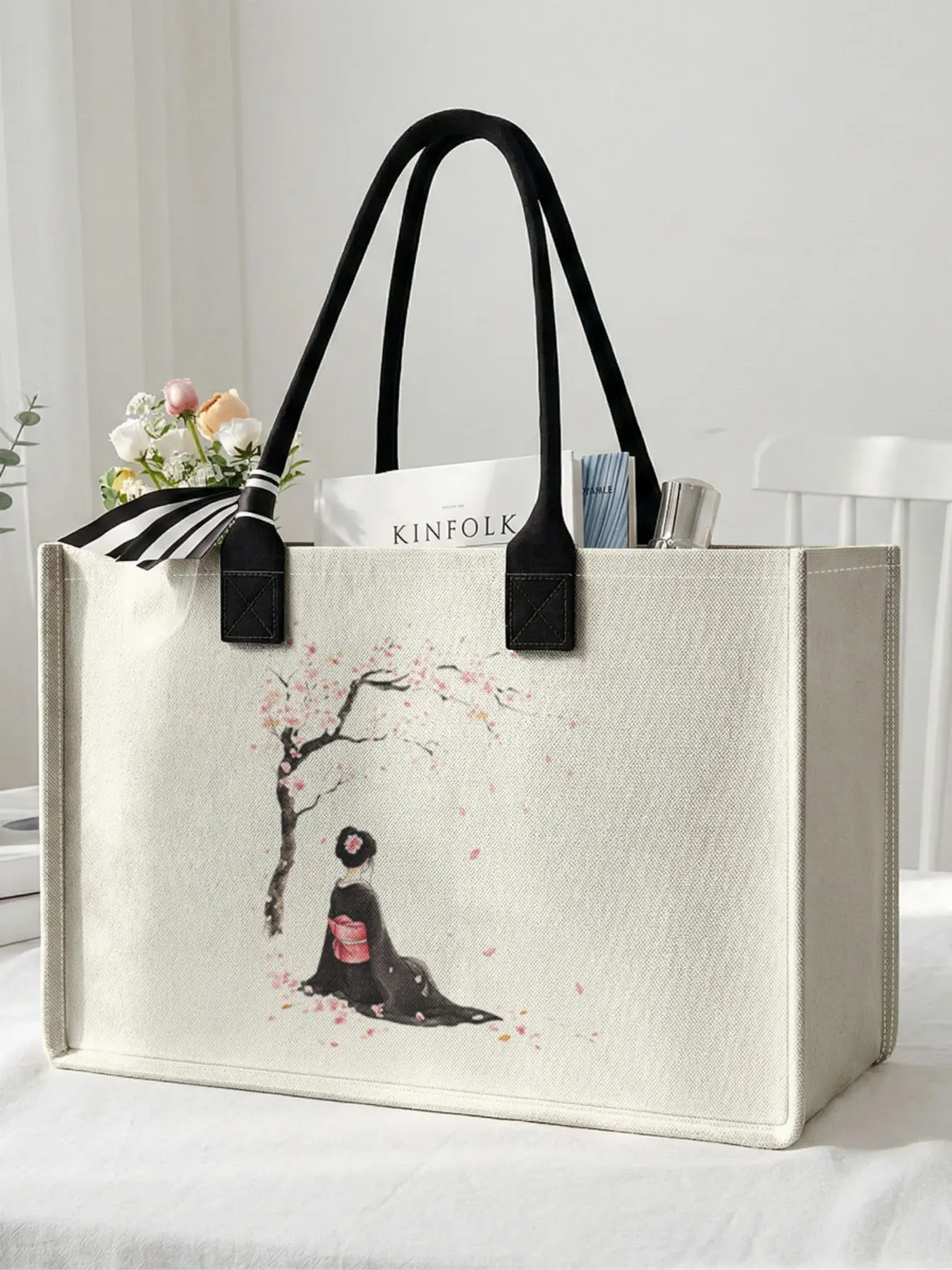 1 piece of kimono woman and cherry blossom 2D print large capacity storage bag, extra large storage bag, sturdy handle, space-saving multi-purpose, suitable for use at school, on business trips, and shopping