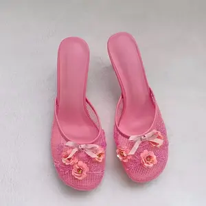 Pink Mesh Slippers with Floral Embellishments and Bow Detail for Comfortable Wear