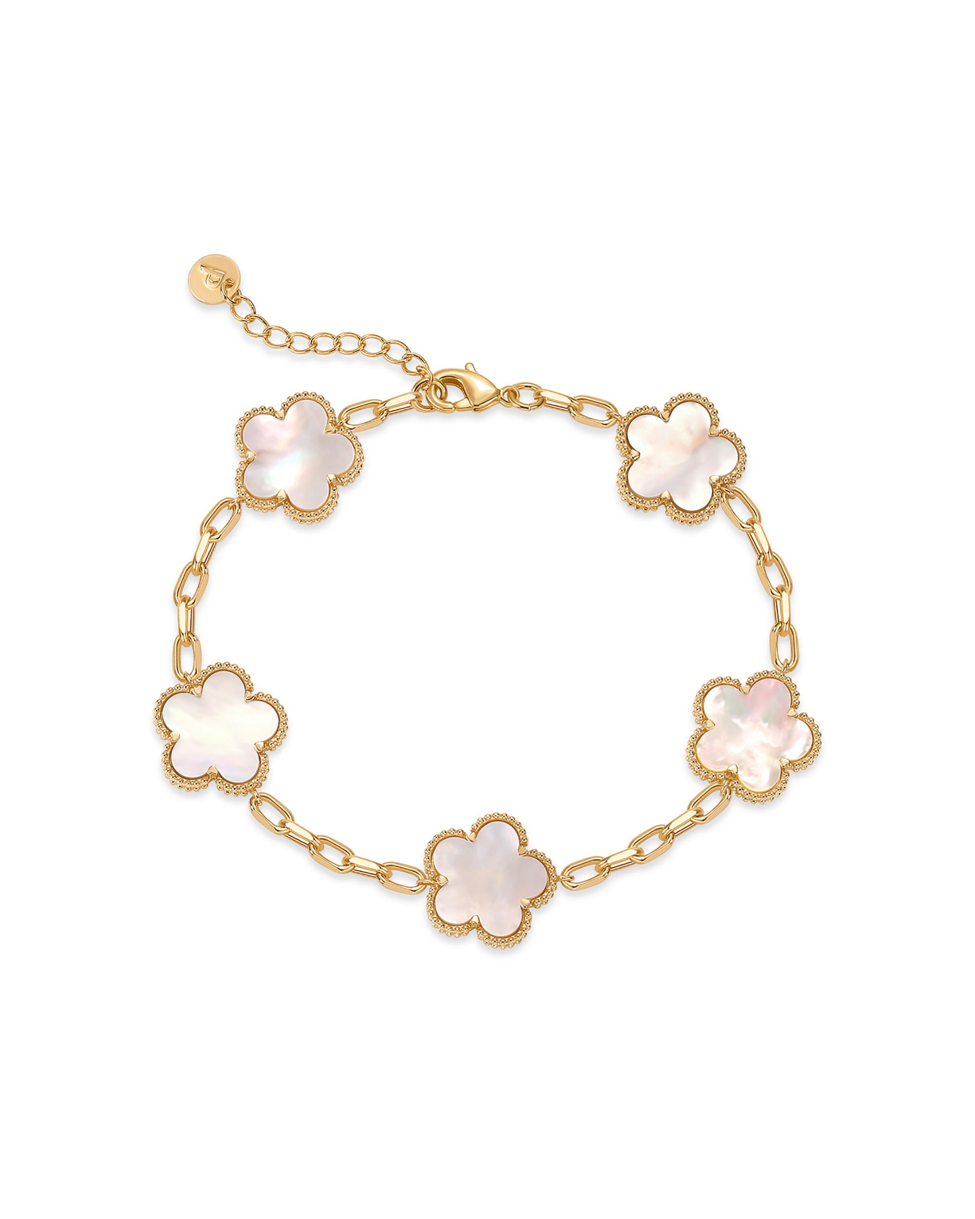 PAVOI 14K Gold Plated Clover Bracelets for Women - Flower Four Leaf Clover Bracelet - Mother of Pearl & Onyx Gemstone Lucky Flower Design - Adjustable Trendy Jewelry Gifts