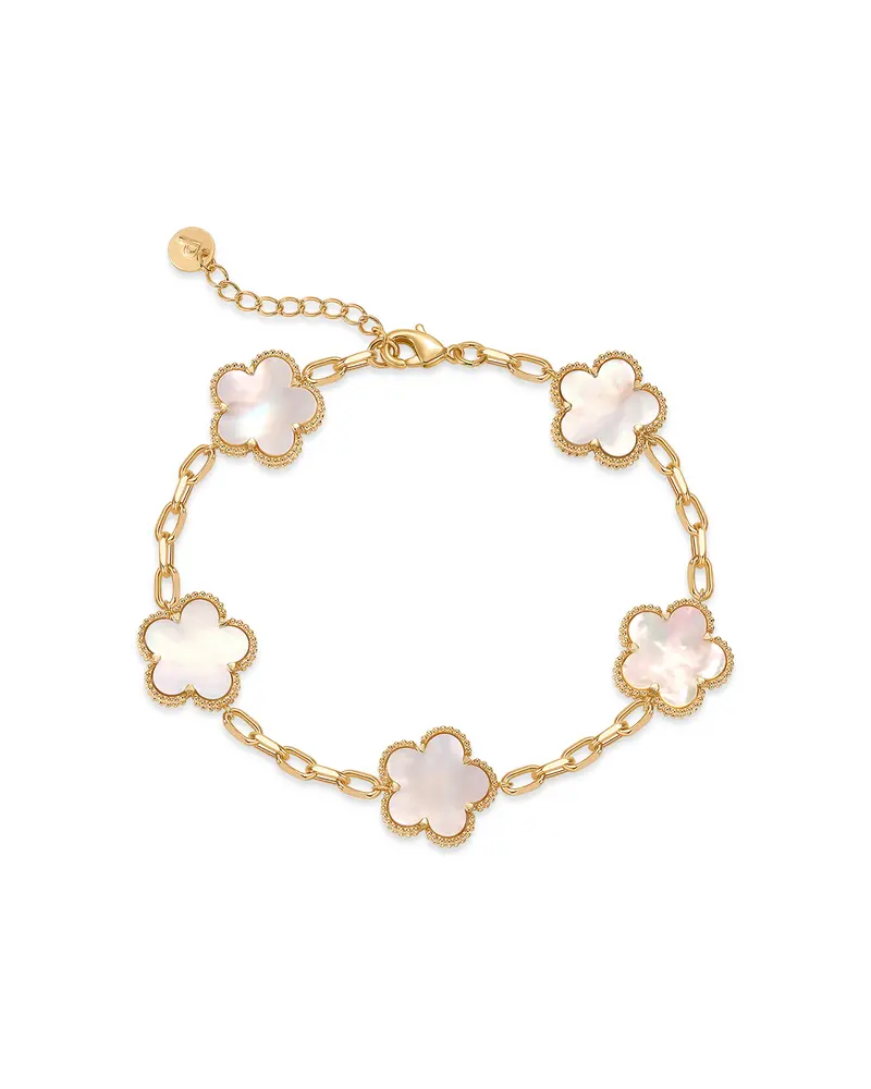 PAVOI 14K Gold Plated Clover Bracelets for Women - Flower Four Leaf Clover Bracelet - Mother of Pearl & Onyx Gemstone Lucky Flower Design - Adjustable Trendy Jewelry Gifts