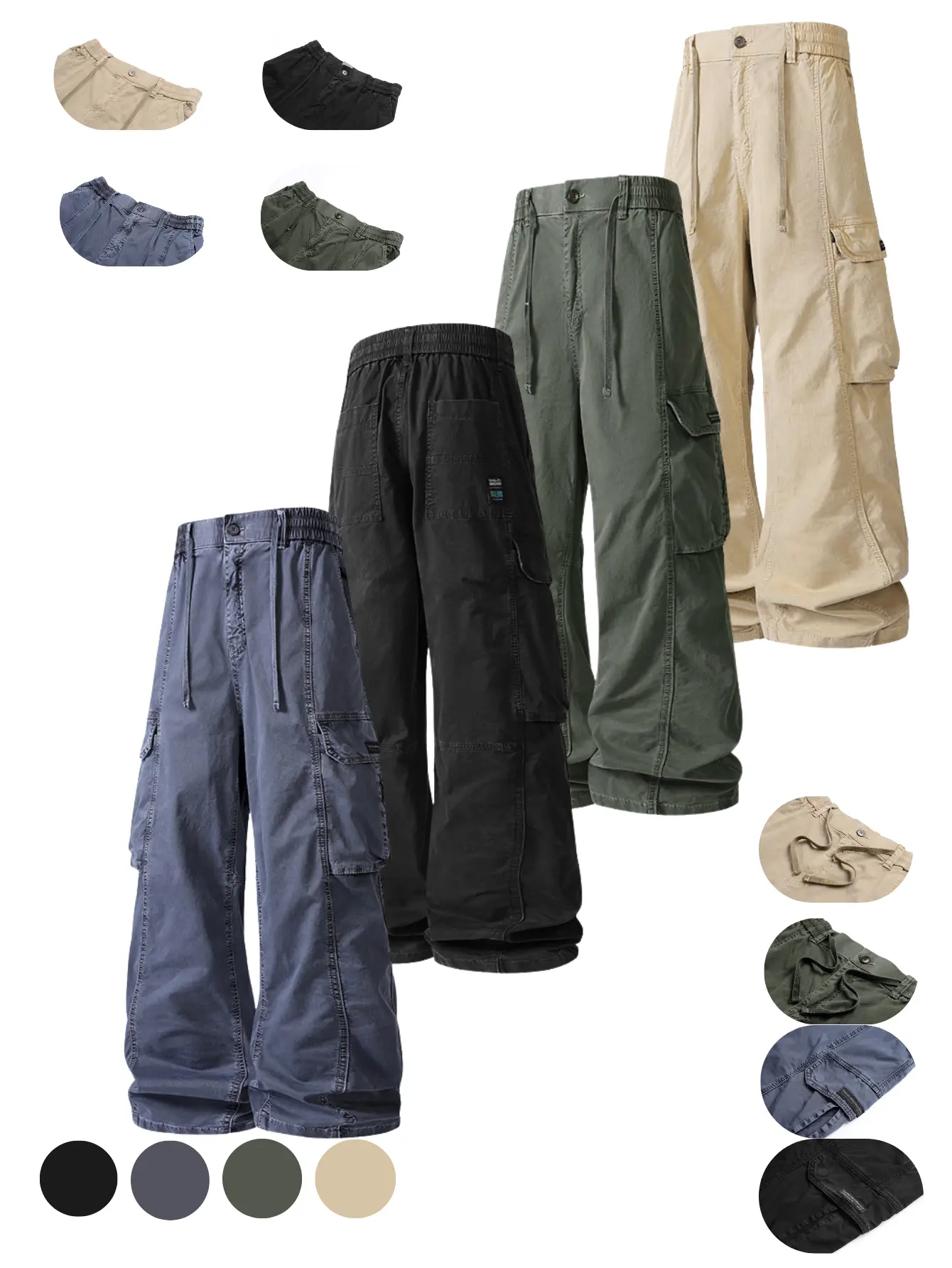 Men’s mid-to-high-waist wide-leg cargo pants with button and zipper closure at the front; adjustable drawstring waist with belt loops at the waistband; elastic stretch waistband at the back; exposed double-layer reinforced seams throughout; side flap 3D c