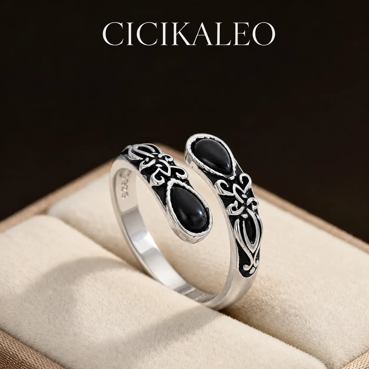CICIKALEO S925 Sterling Silver Moonstone Synthetic Women's Adjustable Thumb Open Ring, Victoria Vintage Style Hypoallergenic Nickel Free, Retro Floral, Lucky, Faith, Mother's LXove Ring, Bohemian Style, Daily, Party, Holiday,