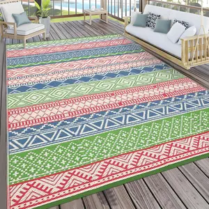 Outdoor Rug, Waterproof Reversible Plastic Straw Rug for Patio, RV, Camping, Bohemian Black & White Large Area Rug, Easy Clean Woven Floor Mat for Deck, Picnic & Beach
