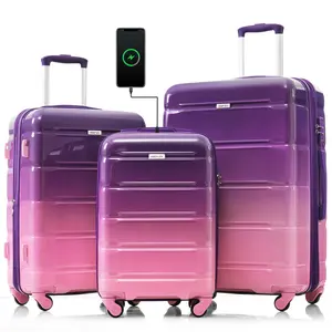 3-Piece Expandable Textured Luggage Set, ABS Material with TSA Lock, USB Port, Zip Closure, Gradient Pink Purple, 20/24/28 Inch Travel Suitcases for Safe Travel