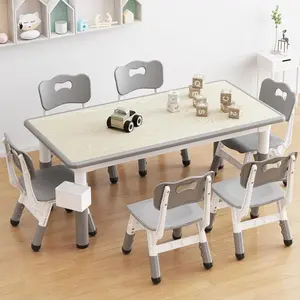 Modern Kids Table and 6 Chair Set, 47.20" Height Adjustable Toddler Table and 6 Chairs Set with Non-Slip Table Legs&Organizer Graffiti Desktop,Suitable for Kids Table and Chairs Ages 2-10 (Gray)