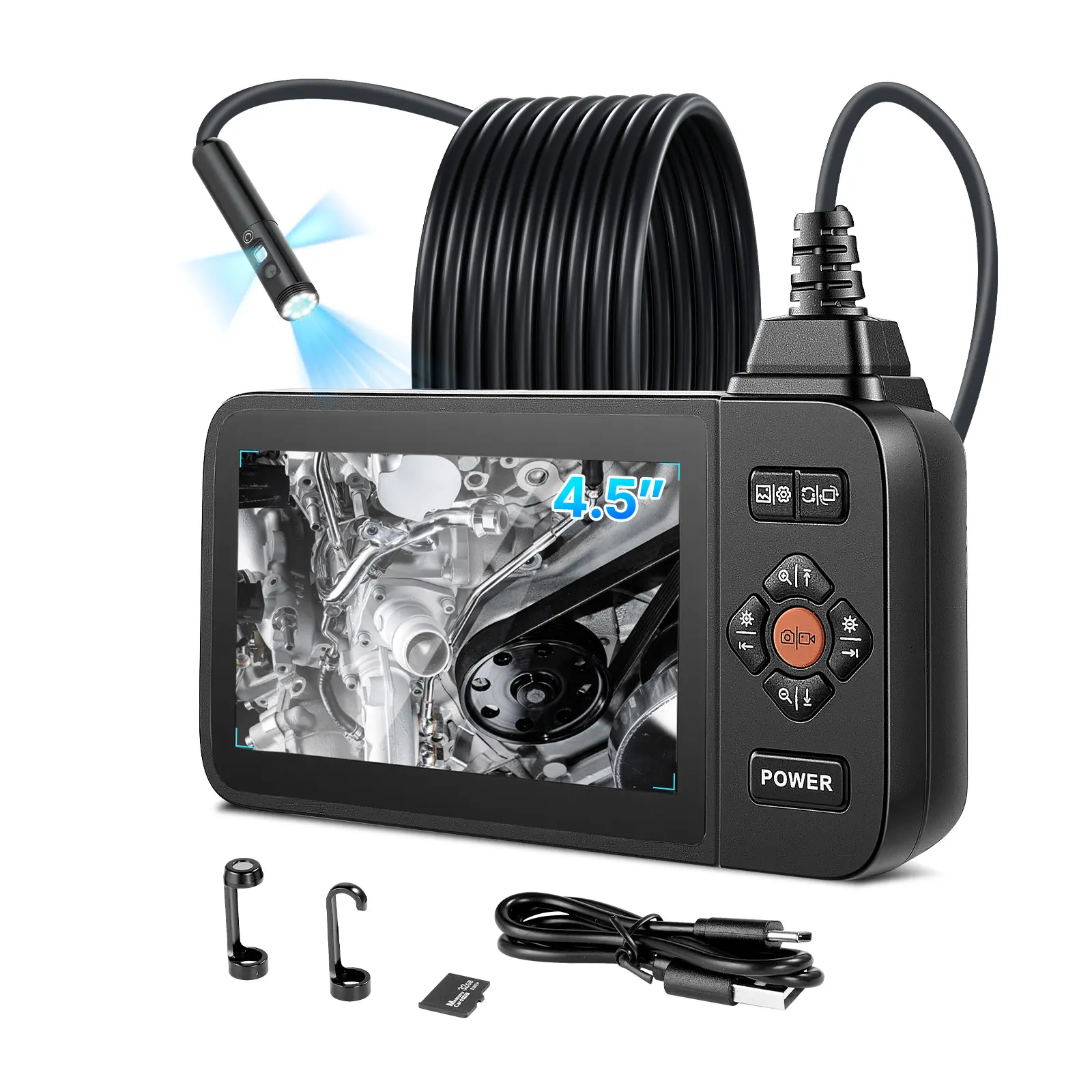 VEVOR Triple Lens Endoscope with Light, 4.5" HD IPS Screen Industrial Borescope Camera, 8+2 Lights, 8X Zoom, IP67 Waterproof Rigid Snake Cam, 16.4FT Rigid Cable for Automotive, Plumbing, Automotiveplumbing, Hdipsscreen