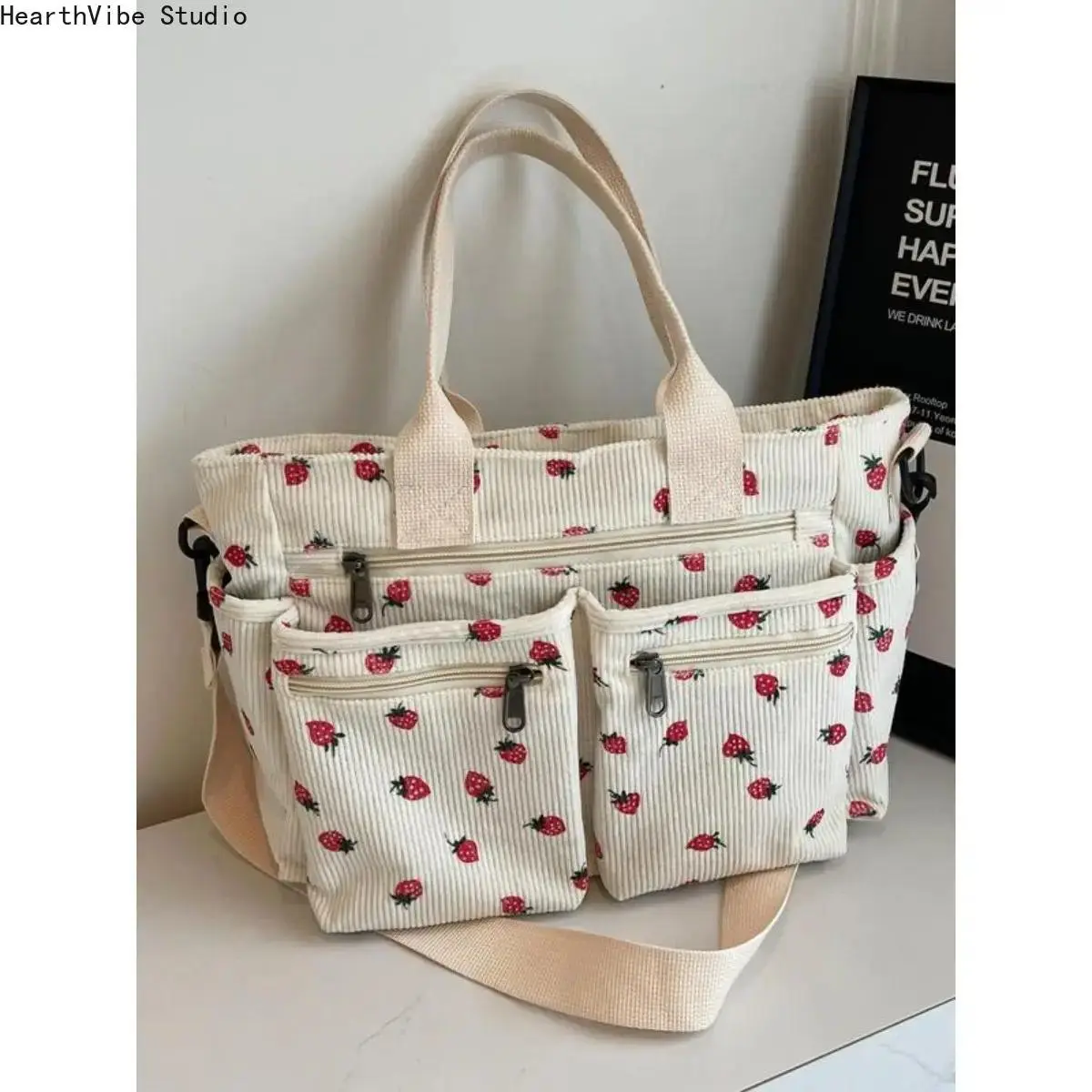 Women's 2026 Trending Cute Strawberry Print Canvas Tote Bag - Lightweight Large-Capacity Shoulder Commuter Bag, Everyday Beach Gym Shopping Travel Carryall, Tote Bags