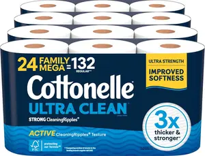 Cottonelle Ultra Clean Toilet Paper with Active CleaningRipples Texture, Strong Bath Tissue, 24 Family Mega Rolls = 132 Regular Rolls (4 Packs of 6)