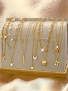 Women's Elegant Faux Pearl & Star & Butterfly Design Necklace, Dainty Necklace, Heart Necklace, Fashion Jewelry for Party, Daily Clothing Decor, Trendy All-match & Exquisite Jewelry for Birthday Gift