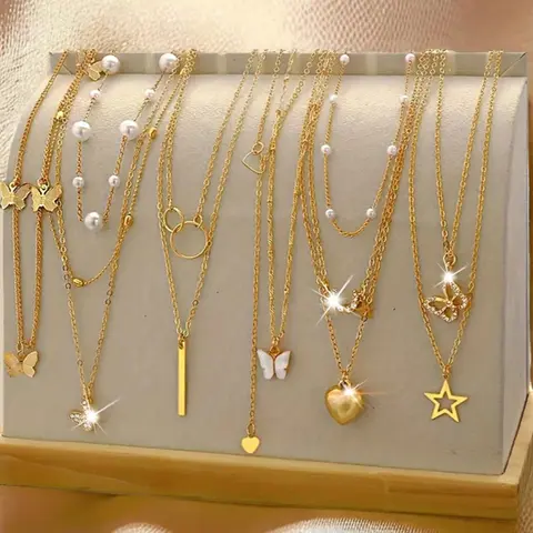 Women's Faux Pearl & Star & Butterfly Design Necklace, Casual Style Necklaces, Dainty Necklace, Dainty Layering Jewelry, Fashion Accessories, Fashion Jewelry for Party, All-match Jewelry for Birthday Gift, Stacking Necklace