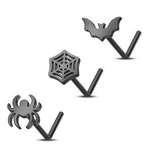 Oufer 20G 3PCS Spider/Spider Web/Bat L-Shaped Nostril Studs Set 316L Stainless Steel