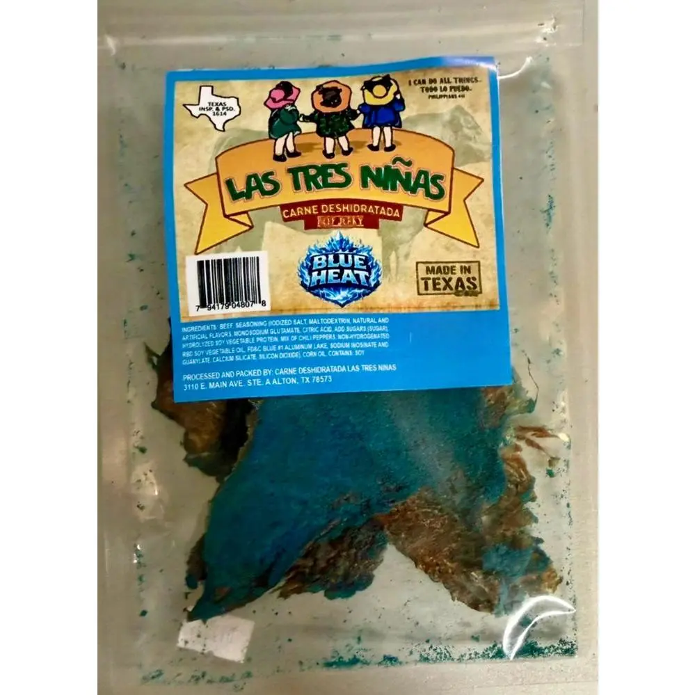 carne seca crunchy 100% premium beef jerky blue heat hot mexican snack Texas made 1.3 oz.