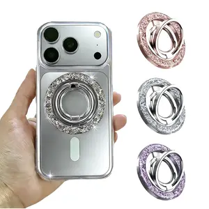 Luxury Bling Bling MagSafe Ring Stand Sparkly Crystal Magnetic Phone Grip Strong Double Magnet Kickstand Slim Portable 360 Rotating Stable Phone Holder Universal for iPhone 12-17 and All Models
