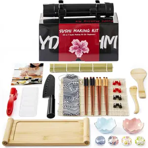 Sushi Making Kit 25-in-1 Bazooka Roller Set, Bamboo Mat, Knife, Sauce Tray, Japanese Sashimi Sushi Bamboo Serving Geta Plate, Perfect for Beginners
