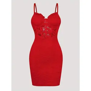 Sexy red formal women’s party dress — backless bodycon knee-length evening gown for gala/date night — elegant partywear clothing; spaghetti strap women’s fabric workwear polyester floral sleeveless