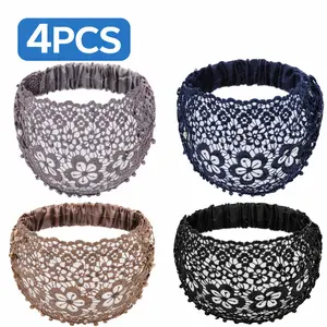 4 Pcs lace headbands for women,Wide Floral Pearl Lace Elastic Headbands Hair Accessories for Women Fashion,Random color