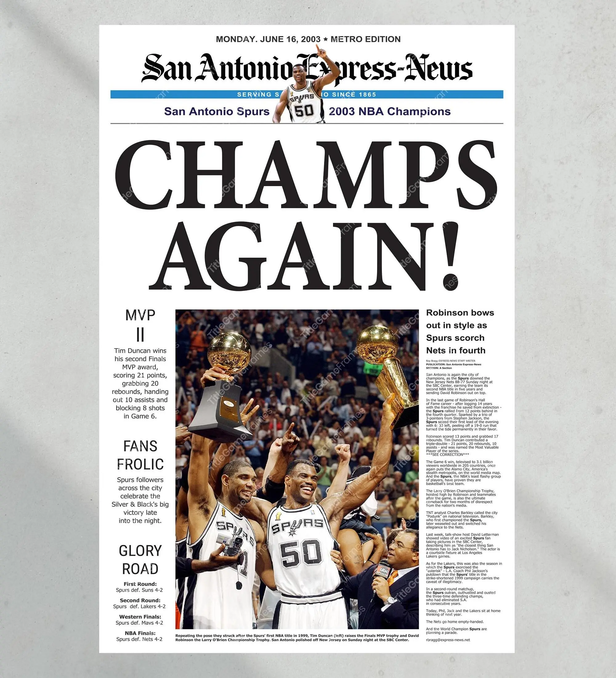 2003 San Antonio Spurs Unframed Poster Cover Print David Robinson and Tim Duncan
