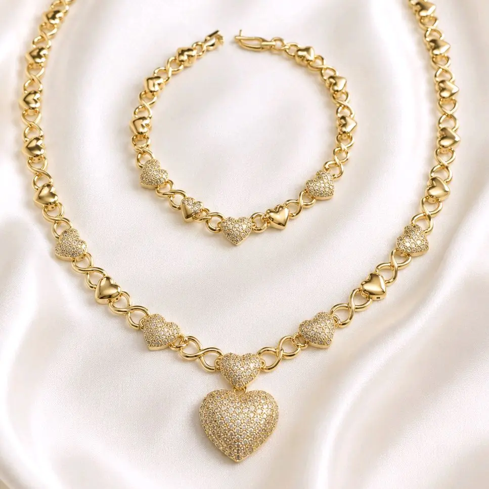 14K Gold Filled Heart & CZ Necklace and Bracelet Set | 7" Bracelet Adjustable to 7.5" | 17.5" Necklace with Extension to 18"