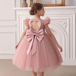 Girls' Princess Dress Heart-Shaped Back Cutout Large Bow Flying Sleeve Dress For Piano Performance 246107