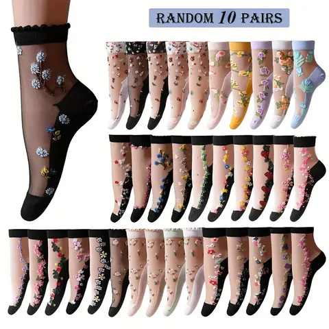 Women's Cute Floral Printed Graphic Ankle Socks - Sheer Mesh Low-Cut Polyester-Elastane Knit Hosiery, Stretchy, Anti-Slip Sole, All Seasons, 10/20/30 Random Pairs Pack for Casual Wear