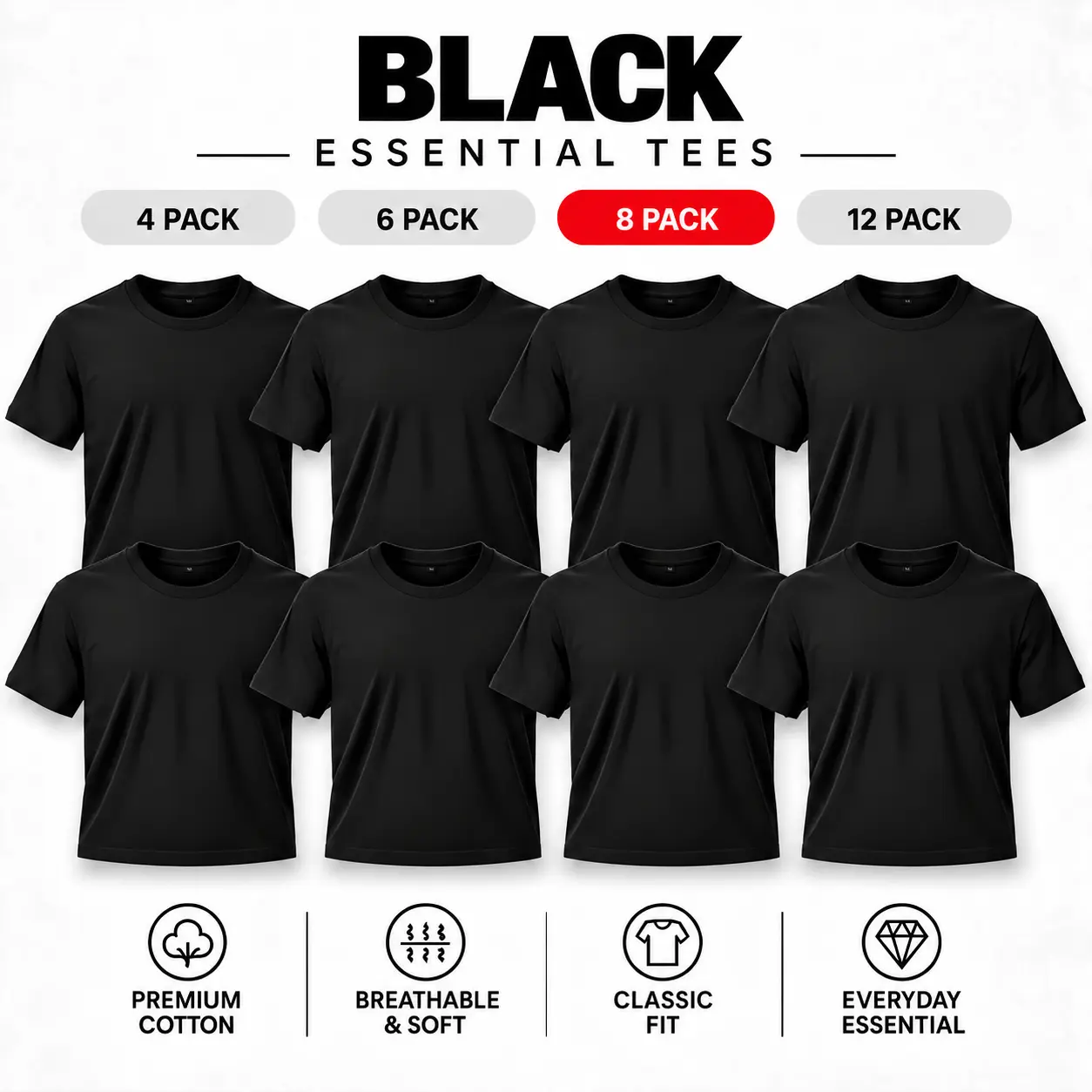 Men’s 8-Pack Black Crew Neck T-Shirts, Menswear Plain Short Sleeve Cotton Basics, Comfy Loose Oversized Vintage Soft Breathable Classic Fit Tees for Layering, Daily Wear