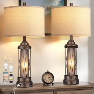 Farmhouse Table Lamps for Living Room, Rustic Nightstand Lamp for Bedroom with USB A+C Charging Ports, Frosted Glass Bedside Lamp with Night Light for Entryway End Table, 4 Bulbs Included, Bronze