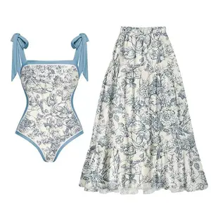 High-Waist Bikini Sun-Protective Chiffon Skirt floral print one-piece swimsuit Printed Women Split Swimsuit Set modest swimming wear skirt outfit tummy control short modest swimwear control bandeau smart sculpt suit s s sexy july bikini swim dress  size