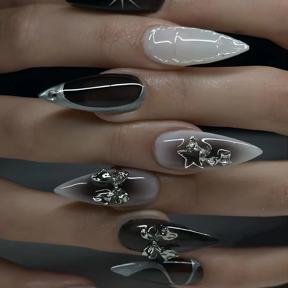 Gothic Press-On Nails, 24pcs Black Halloween Bat Acrylic Tips - Almond Shape, Rivet Bow Detail, Reusable for Nail Art Decoration