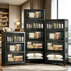 23.6-inch Wide Plastic Storage Bin with Lid—Foldable, Stackable Storage Bin with Wheels; Organizer and Storage Cabinet with Wheels and Door; Storage and Organization Container for Living Rooms, Offices, and Dorm Rooms