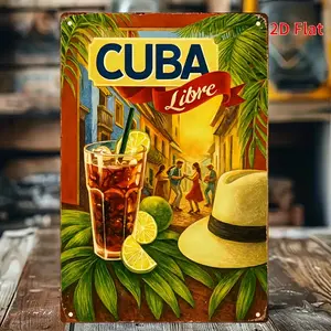 2D Flat, 1pc Retro Cuban Metal Iron Wall Sign - 8"x12" Vintage Havana Street Scene Art with Cuba Libre, Tropical Drink & Palm Leaves - Durable 2D Flat Print for Home Bar, for Man Cave, Cuban-Themed Decor, Art Deco Home Decor, Bar Decoration, Bold Graphic