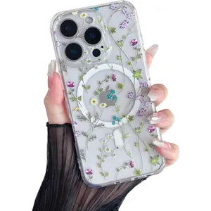 X-PCS03  for iPhone 16 Pro Max Case Compatible with MagSafe Clear Floral Cover with Flower Branch Pattern for Girls Women Slim Cute Hard Back Shockproof Phone Case for iPhone 16 Pro Max,Transparent