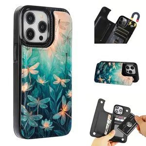 Elegant Floral Dragonfly Pattern Leather Card Holder Phone Case, Suitable for iPhone 17 Air/16 Plus/15 Pro Max/14 Pro/13/12/11/XS Max/X Phone Case, Perfect Gift Choice for Family, Friends, Lovers, Boyfriend, Girlfriend on Thanksgiving and Christmas