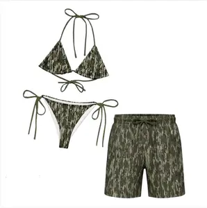 Camo Bikini and Shorts Matching Set, Swimming Couple Set for Men and Women, Summer Couple Beach Outfit
