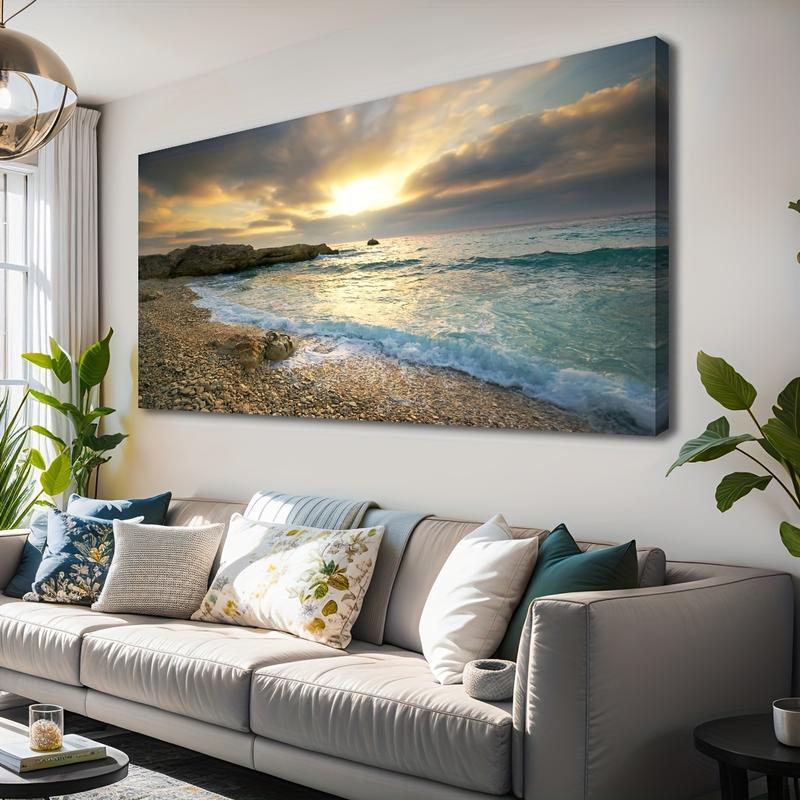 Wooden Framed Canvas Painting Wall Art canvas Wall Art Sunset Beach Blue Waves Ocean Art Large Modern Artwork Canvas Print Contemporary Picture framing Ready to Hang for Home decoration Wrapped in canvas