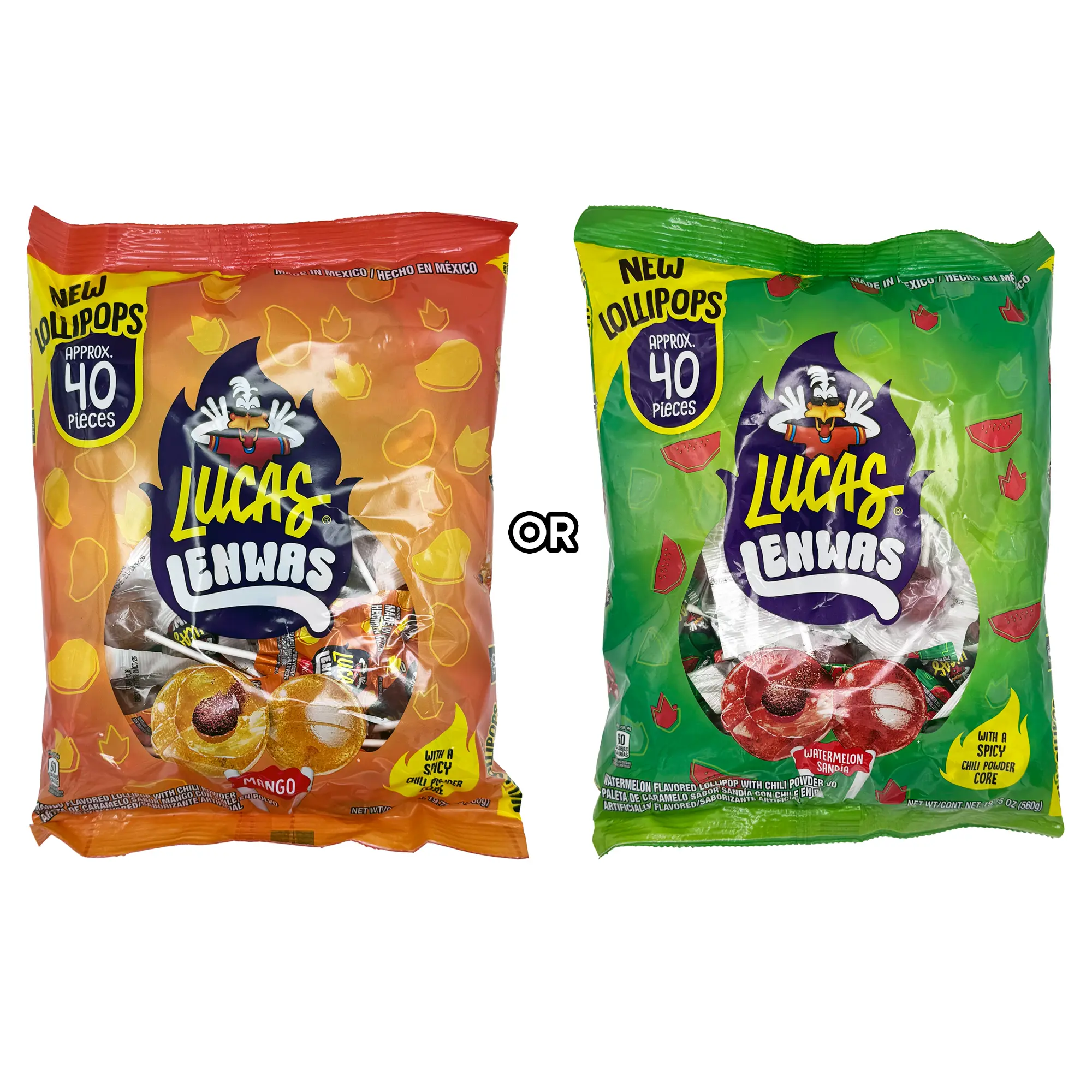 Lucas Lenwas - 40ct Bag - Mango or Watermelon Spicy & Sweet Lollipops with Chili Powder Center, Mexican Candy, Dulces Mexicanos Lucas Lenwas - 40ct Bag - Mango or Watermelon Spicy & Sweet Lollipops with Chili Powder Center, Mexican Candy, Dulces Mexicanos