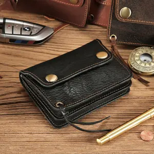 Retro Full Grain Leather Card Holder Magnetic Closure Zipper Coin Purse Portable Genuine Leather Short Wallet for Women
