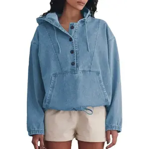 Women's Denim Hoodie Button Down Pullover Jacket Jean Sweatshirt Tops(Sheet)