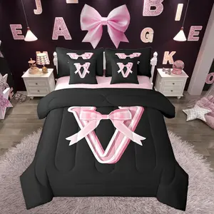 Kawaii Pink Bow Comforter Set with Sheets,Gifts for Women Teen Girl,Monogrammed 7 Piece Bedding Set,Soft Personalized Initial Letter V Bed in a Bag with Comforter,Sheets,Pillowcases