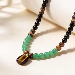 Wealth Attraction Necklace - Turquoise and Tiger's Eye Beaded String, symbolizing wealth and prosperity, made of natural jade materials Pendant Design Hetian Jade