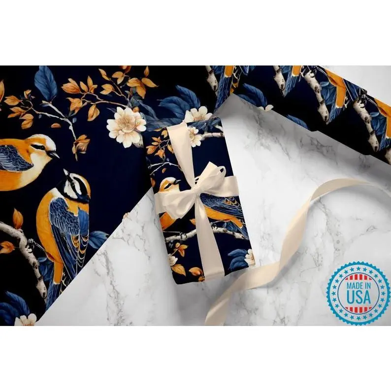 Chinoiserie Birds Wrapping Paper: Navy Botanical Gift Wrap