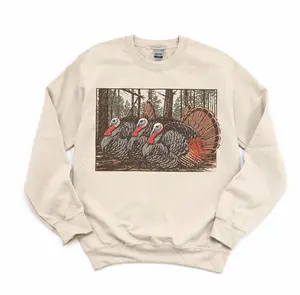 Wild Turkey Hunting Vintage Crewneck Sweater, Three Turkey Birds Forest Scene Graphic Tee, Spring Hunting Shirt Gifts for Hunters