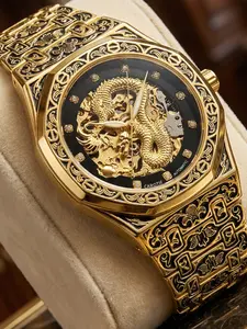 Gold Dragon Carved Mechanical Watch, Stainless Steel Case, Analog Display, Automatic Movement, Durable Design
