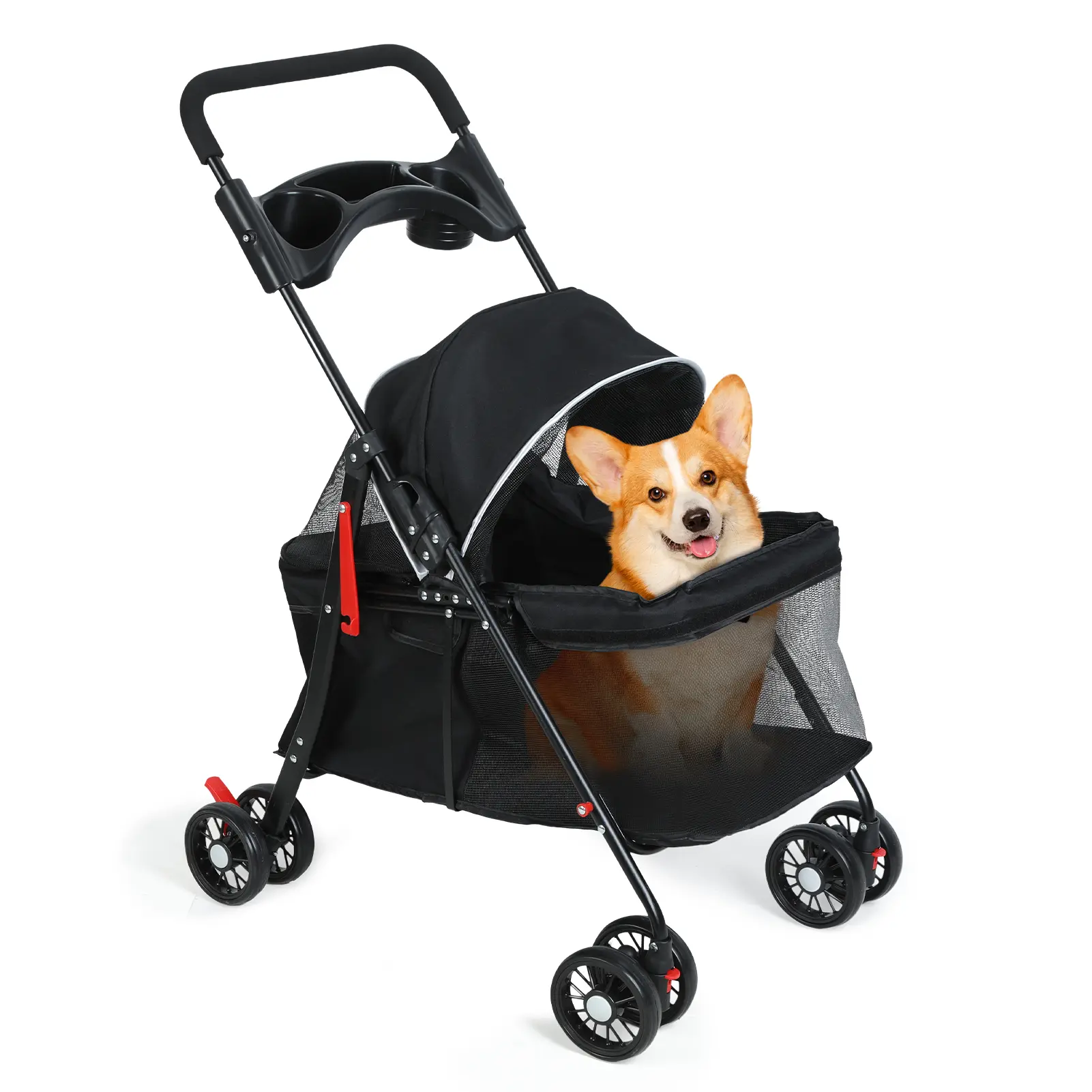 Foldable 4-Wheel Pet Stroller, Outdoor Animal Carrier for Small-Medium Dogs & Cats (Up to 20 lbs) with Storage Basket, Cup Holder, Stable Design