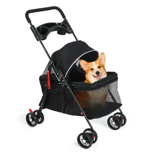 Foldable 4-Wheel Dog Stroller for Small to Medium Pets (Up to 20 lbs), Pet Carrier with Storage Basket and Cup Holder, Stable for Dogs and Cats