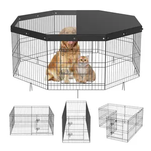 8-Panel Foldable Metal Dog Exercise Pen with Top Cover, 24-Inch Height, Ground Stakes, Indoor Outdoor Pet Fence and Puppy Crate Kennel, Portable Safe Play Pen for Small to Medium Dogs, Camping Yard Garden