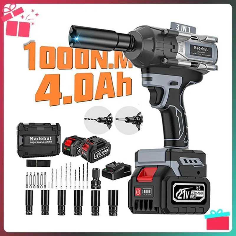 1000N.m Cordless Impact Wrench, All-Metal Cordless Impact Gun with 2 * 4.0Mah, 3-IN-1 Electric Impact Wrench with 5 Sleeves Power Tools