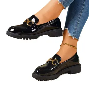Metal Buckle Thick Heeled Loafers - Black Patent Leather with Gold Chain Detail for Women's Comfortable Casual Shoes Fashion Elegant Stylish
